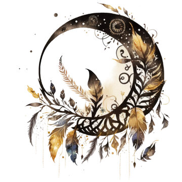 Carved Crescent with feathers silhouette, Celestial black and gold round abstract painting, Night sky watercolor illustration isolated with a transparent background, golden fantasy design