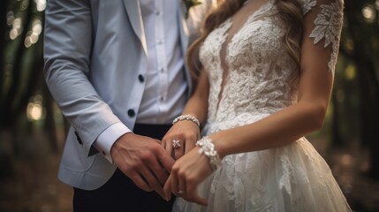 Obraz na płótnie Canvas bride and groom in wedding dress holding hand 