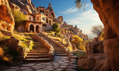 Natural landscape, houses in the mountain, stone city.
