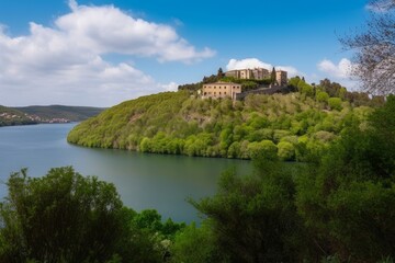 Fototapeta na wymiar View on lake in Castel Gandolfo, Rome, Italy, Generative AI