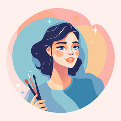 Vector illustration of harming young girl holding makeup brushes in her hand. Woman doing makeup concept art. Fashion and beauty industry. For logo, poster, highlights, banner.