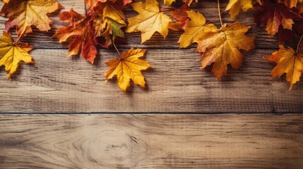Thanksgiving photo frame with summer leaves & wild fruits with text space in wooden background 