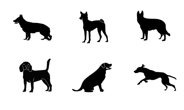 different poses of dog silhouettes and dog images with black fill