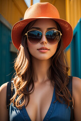 Happy young woman wearing fashionable hat and sunglasses