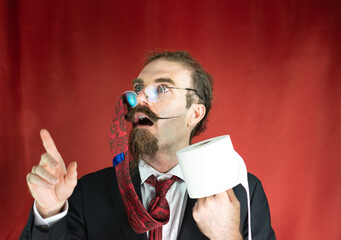 Funny man with glasses, red tie on his head and toilet paper in hand looking up