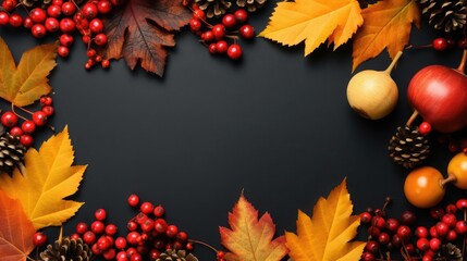 Thanksgiving photo frame with summer leaves & wild fruits with text space in black background 