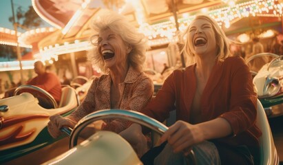 Joyful elderly woman riding in an amusement park