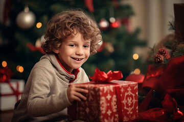 Fototapeta na wymiar Happy young boy opening Christmas gifts and presents under Christmas tree. Generative AI