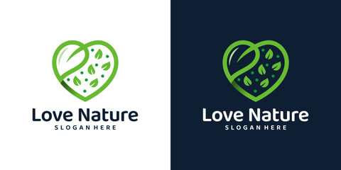 Love nature logo design template. Heart logo with leaf design graphic vector illustration. Symbol, icon, creative.