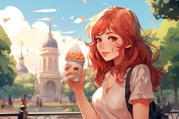 Beautiful redhead anime girl eating ice cream in the park