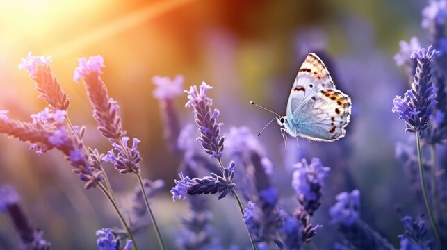 lavender flowers with butterflies and sunlight and bokeh. Outdoor nature banner