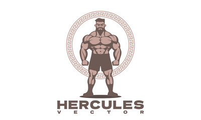 Vector graphic monochrome logo. Powerful strong muscular man on the background of a circle. Bodybuilder. Inscription, Hercules. White isolated background.