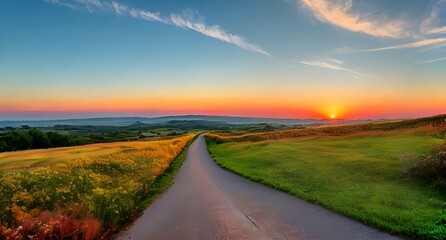 色彩豊かな夕日の風景、海、山、自然、雲