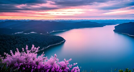 色彩豊かな夕日の風景、海、山、自然、雲