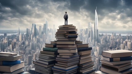 Illustration of a man standing on top of a stack of books