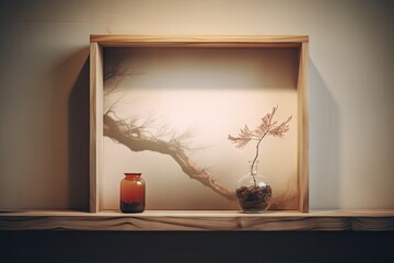 The blurred image depicts a wooden shelf with a picture in the living room, focusing on the overall concept of the background.