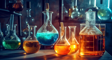chemistry experiment with Laboratory flasks. 