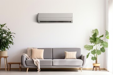 A contemporary air conditioning system positioned on a white wall, situated within a room adorned with a fashionable grey sofa.