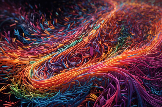 A neuron net inside of brain, shimmering with a vibrant rainbow of colors. Image created using artificial intelligence.