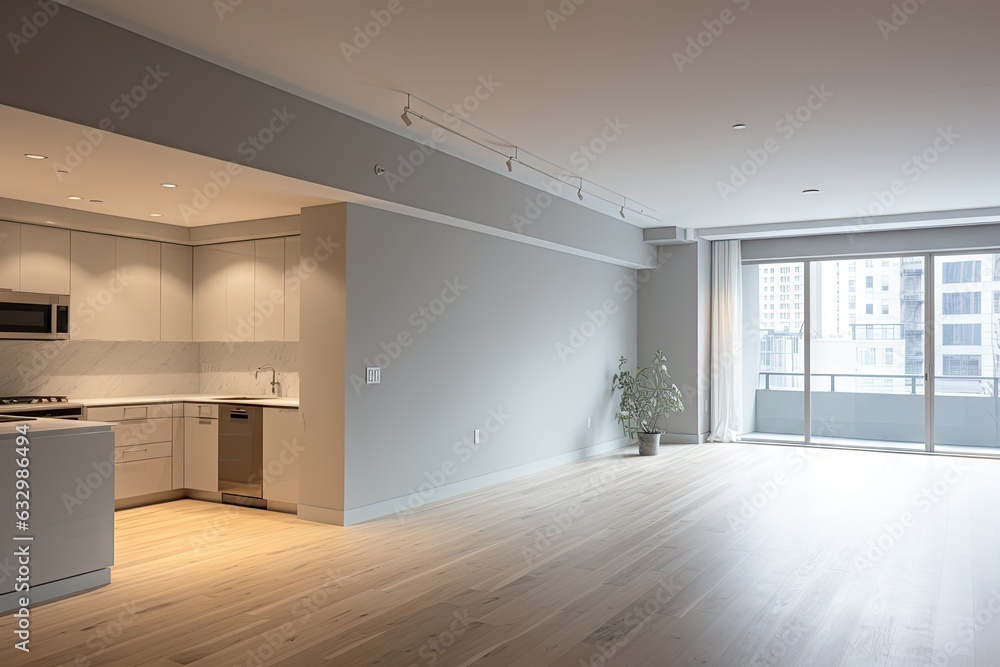 Poster the inside of a recently built apartment lacking final touches, has a predominantly gray color schem