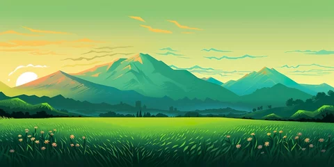 Foto op Canvas A Cartoony Landscape of a Green Field and Mountains.  © MstAsma