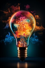 A light bulb filled with multi-colored mist, universe background