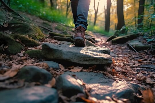 Close up a person's feet walking on rocks, Walking on a trail in the woods, Travel Concept. 