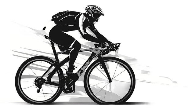 Monochrome Silhouette eines Fahradfahrers, schwarz und weiß, 2d, Seitenansicht, flach, Illustration. ki generiert