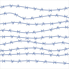 Barbed wire fence border background illustration. Sharp thorns of barbwire barrier zone. Protection and security concept. Vector illustration.