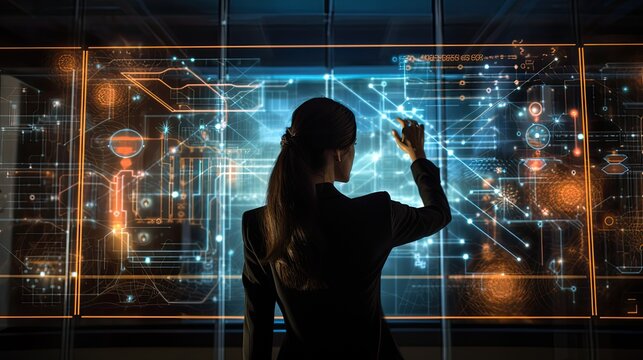 Big data technology and data science with a person touching data flowing on a virtual screen. Business analytics, artificial intelligence. Businesswoman analyzing streams of data. Generative AI