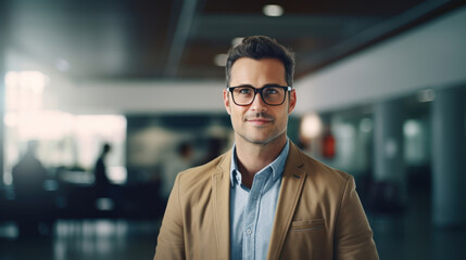 A teacher in glasses stands near the blur classroom