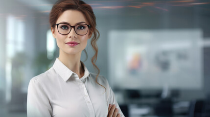 Fototapeta premium A teacher in glasses stands near the blur classroom
