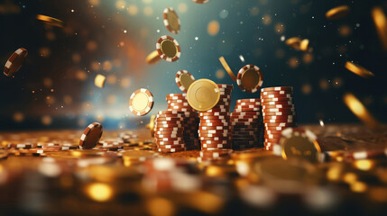 Gold casino tokens or casino chips stack on table with glitter glow light, blur background