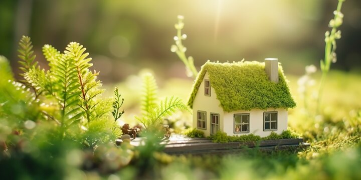 Eco house. Green and environmentally friendly housing concept. Miniature wooden house in spring grass, moss and ferns on a sunny day. 