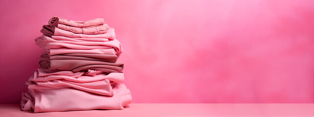 Fast fashion, Overconsumption, trends in fashion industry. Stack of pink clothing on pink background. Pile of trendy pink shirts, dresses and sweaters, pink wall background.