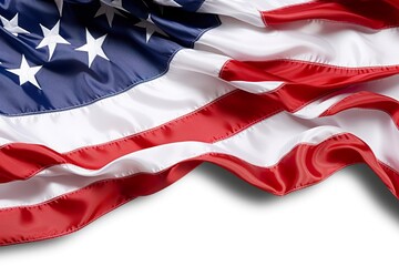 Closeup ruffled American flag isolated. solid white backgroud. 