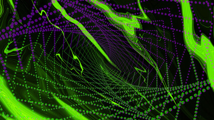 Fluid neon green wave on black background. Abstract liquid line. Glitch Art trippy digital wallpaper. Celebration Backdrop. Royal banner. Template. texture. Metaverse card. gradient. Purple pink dots.