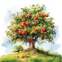 Apple tree watercolor painted ilustration