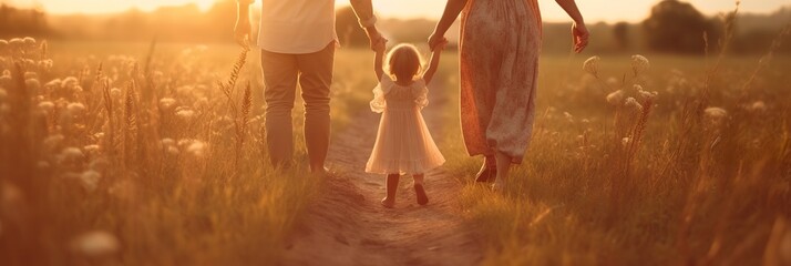  Happy family mother father and daughter walk on nature on sunset hold hand.