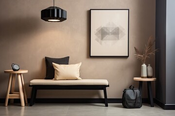 The entryway has a fashionable design featuring a comfortable grey bench, black console, hanger, and lamp. The wall is painted in a warm beige color, enhancing the overall aesthetic. This stylish