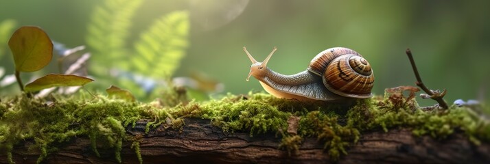 A Journey Through the Forest. Close-up of a Snail in the Forest with Natural Background. 