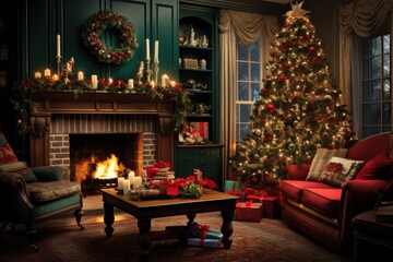 Fototapeta na wymiar Craft holiday magic Christmas tree, fireplace, presents and heartwarming scene