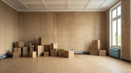 Eempty room with cardboard boxes. Moving , realistic photo in a modern style.