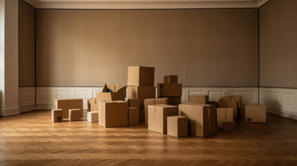 Eempty room with cardboard boxes. Moving , realistic photo in a modern style.