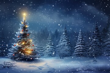 Christmas tree in snow covered woods at night