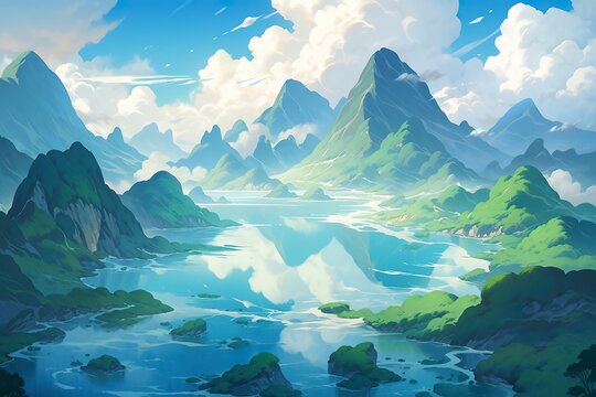 Whimsical Cartoons of Green Mountains in the Sky, Traditional Oceanic Art, Translucent Water, and Majestic Ports. 