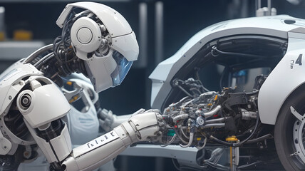 A humanoid robot delicately tinkering with the intricate inner workings of a sleek, high-performance race car.Generative AI,AI art