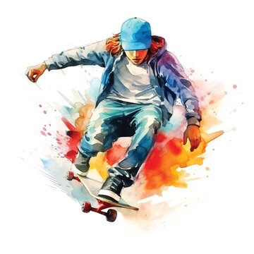 Skateboarding freestyle watercolor paint ilustration