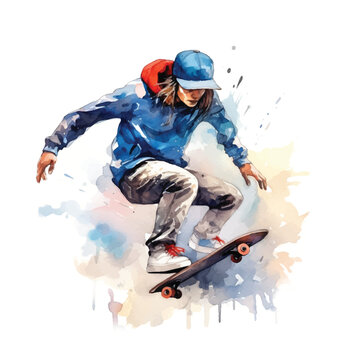 Skateboarding freestyle watercolor painting ilustration.
