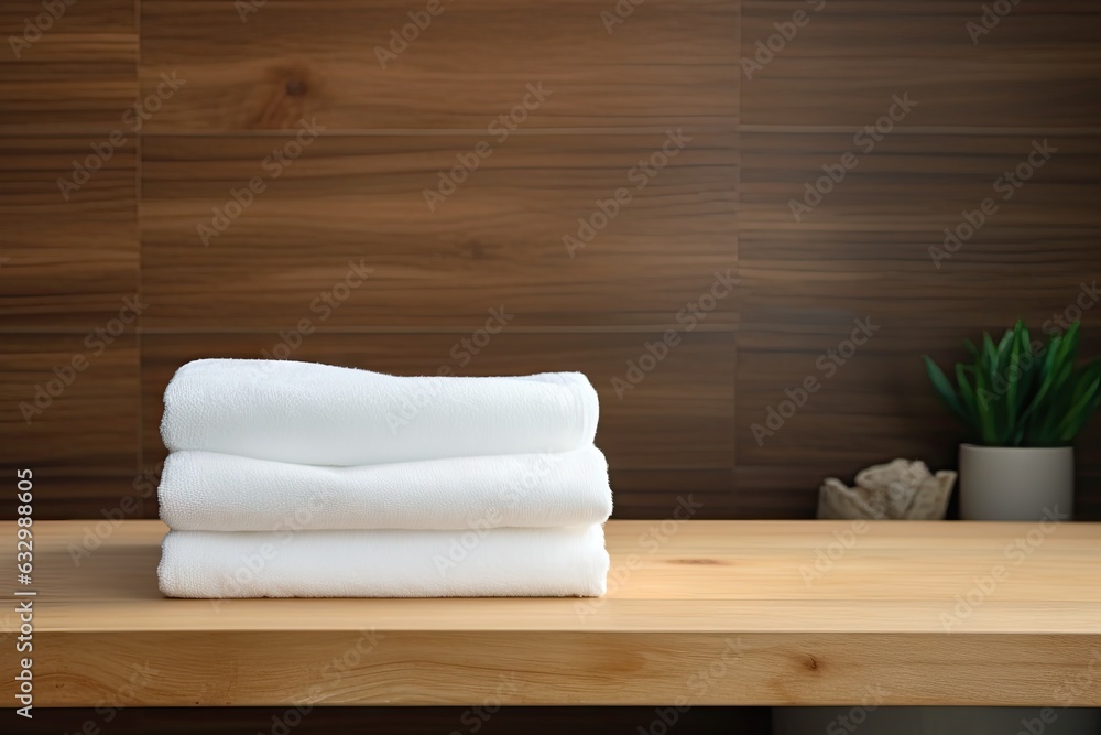 Poster there are pristine white towels placed neatly on a wooden table in the bathroom, leaving an empty ar